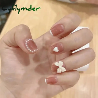 Cyflymder 24Pcs/Set False Nails Long Round Coffin Cute Kawaii Stick on Art Nail Ballerina Press on Nail Set  Seamless Removable Fake Nails