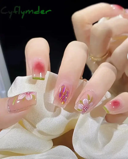 Cyflymder 24Pcs/Set False Nails Long Round Coffin Cute Kawaii Stick on Art Nail Ballerina Press on Nail Set  Seamless Removable Fake Nails
