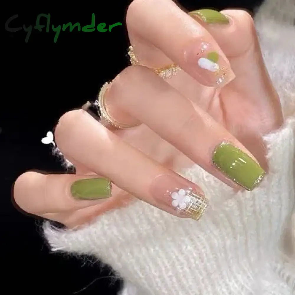 Cyflymder 24Pcs/Set False Nails Long Round Coffin Cute Kawaii Stick on Art Nail Ballerina Press on Nail Set  Seamless Removable Fake Nails