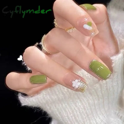 Cyflymder 24Pcs/Set False Nails Long Round Coffin Cute Kawaii Stick on Art Nail Ballerina Press on Nail Set  Seamless Removable Fake Nails
