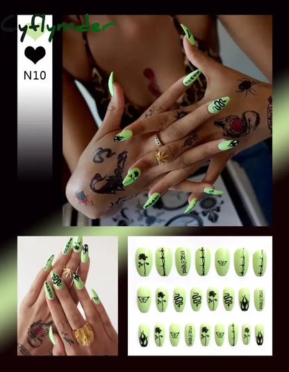 Cyflymder 24Pcs/Set False Nails Long Round Coffin Cute Kawaii Stick on Art Nail Ballerina Press on Nail Set  Seamless Removable Fake Nails