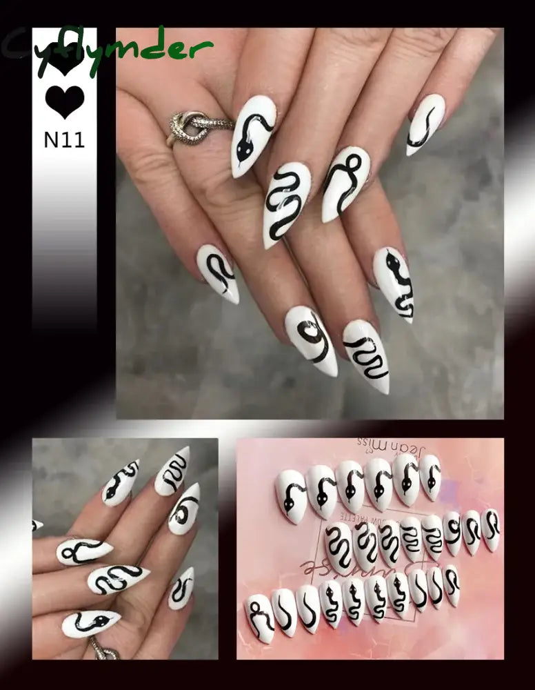 Cyflymder 24Pcs/Set False Nails Long Round Coffin Cute Kawaii Stick on Art Nail Ballerina Press on Nail Set  Seamless Removable Fake Nails