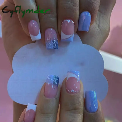 Cyflymder 24Pcs/Set False Nails Long Round Coffin Cute Kawaii Stick on Art Nail Ballerina Press on Nail Set  Seamless Removable Fake Nails