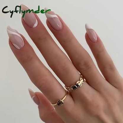 Cyflymder 24Pcs/Set False Nails Long Round Coffin Cute Kawaii Stick on Art Nail Ballerina Press on Nail Set  Seamless Removable Fake Nails