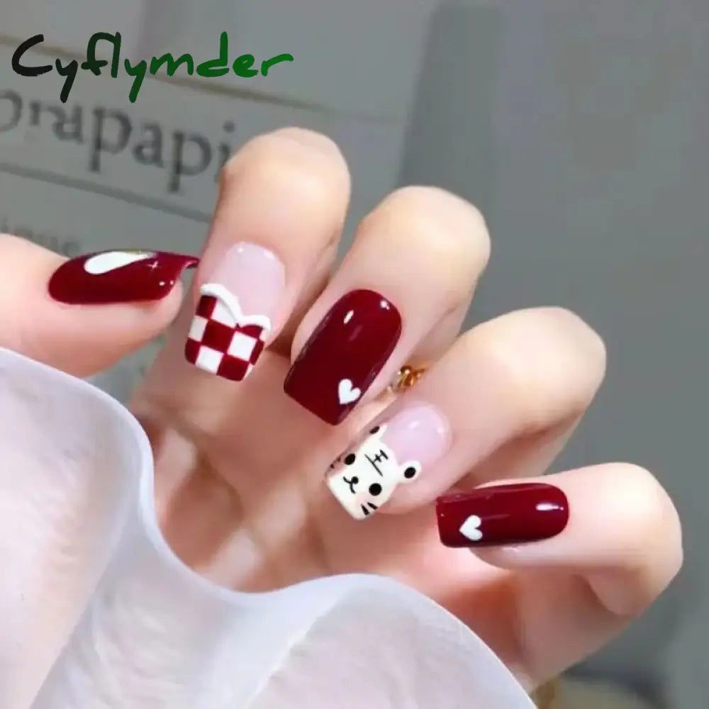 Cyflymder 24Pcs/Set False Nails Long Round Coffin Cute Kawaii Stick on Art Nail Ballerina Press on Nail Set  Seamless Removable Fake Nails
