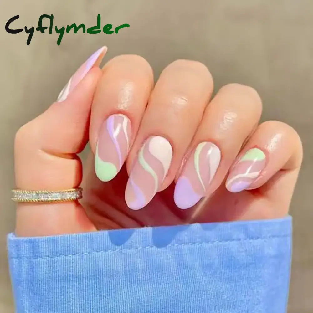 Cyflymder 24Pcs/Set False Nails Long Round Coffin Cute Kawaii Stick on Art Nail Ballerina Press on Nail Set  Seamless Removable Fake Nails