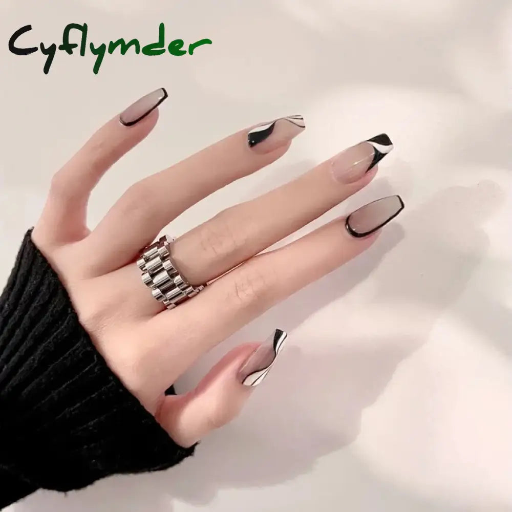 Cyflymder 24Pcs/Set False Nails Long Round Coffin Cute Kawaii Stick on Art Nail Ballerina Press on Nail Set  Seamless Removable Fake Nails