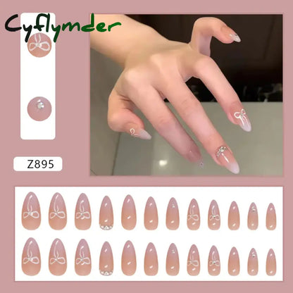 Cyflymder 24pcs/set French Strawberry Butterfly Cat Eye Press on Nails Fake Nails Manicure Detachable Nail Tips Oval False Nails Full Set