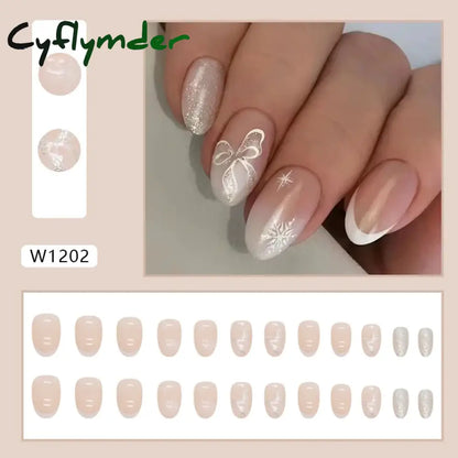 Cyflymder 24pcs/set French Strawberry Butterfly Cat Eye Press on Nails Fake Nails Manicure Detachable Nail Tips Oval False Nails Full Set