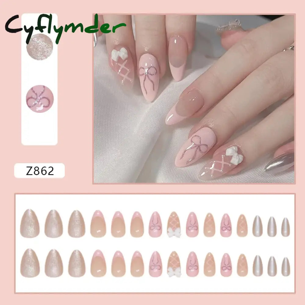 Cyflymder 24pcs/set French Strawberry Butterfly Cat Eye Press on Nails Fake Nails Manicure Detachable Nail Tips Oval False Nails Full Set