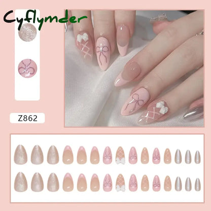Cyflymder 24pcs/set French Strawberry Butterfly Cat Eye Press on Nails Fake Nails Manicure Detachable Nail Tips Oval False Nails Full Set