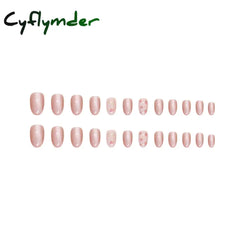 Cyflymder 24pcs/set French Strawberry Butterfly Cat Eye Press on Nails Fake Nails Manicure Detachable Nail Tips Oval False Nails Full Set