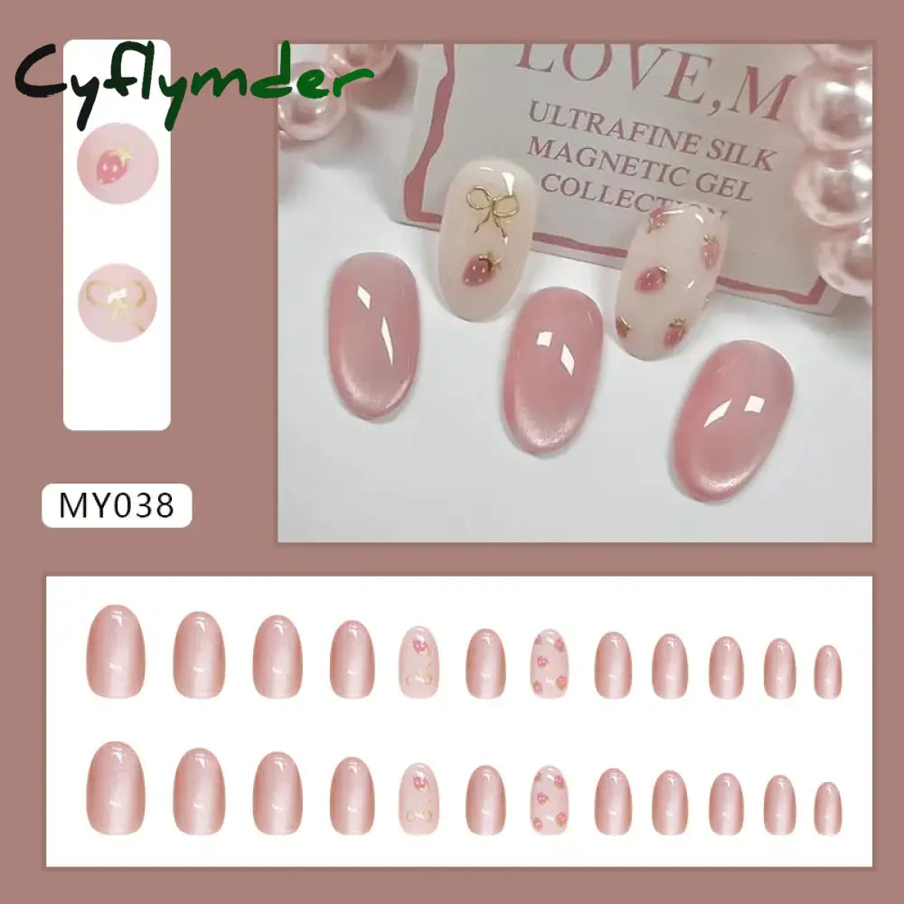 Cyflymder 24pcs/set French Strawberry Butterfly Cat Eye Press on Nails Fake Nails Manicure Detachable Nail Tips Oval False Nails Full Set