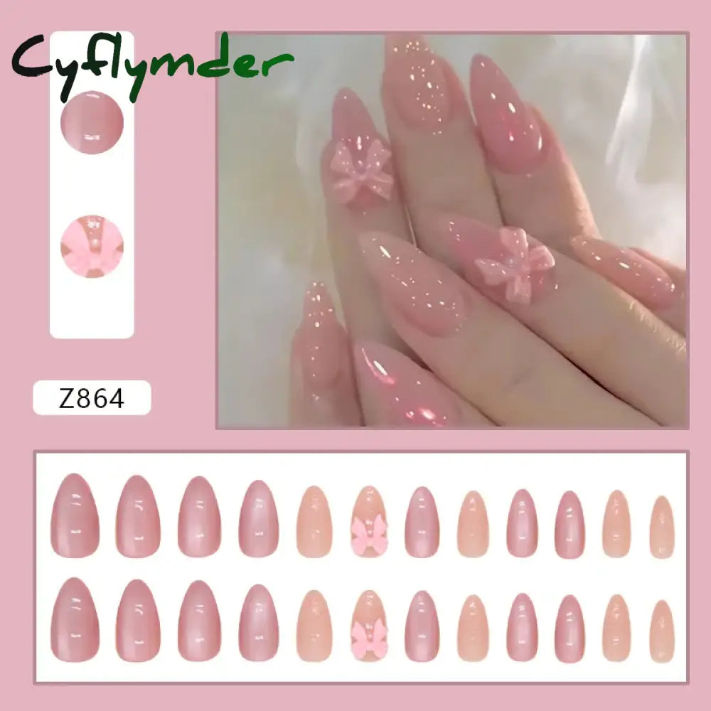 Cyflymder 24pcs/set French Strawberry Butterfly Cat Eye Press on Nails Fake Nails Manicure Detachable Nail Tips Oval False Nails Full Set