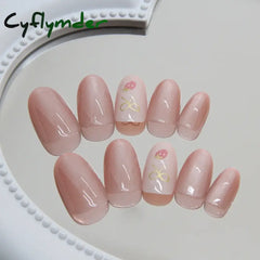 Cyflymder 24pcs/set French Strawberry Butterfly Cat Eye Press on Nails Fake Nails Manicure Detachable Nail Tips Oval False Nails Full Set