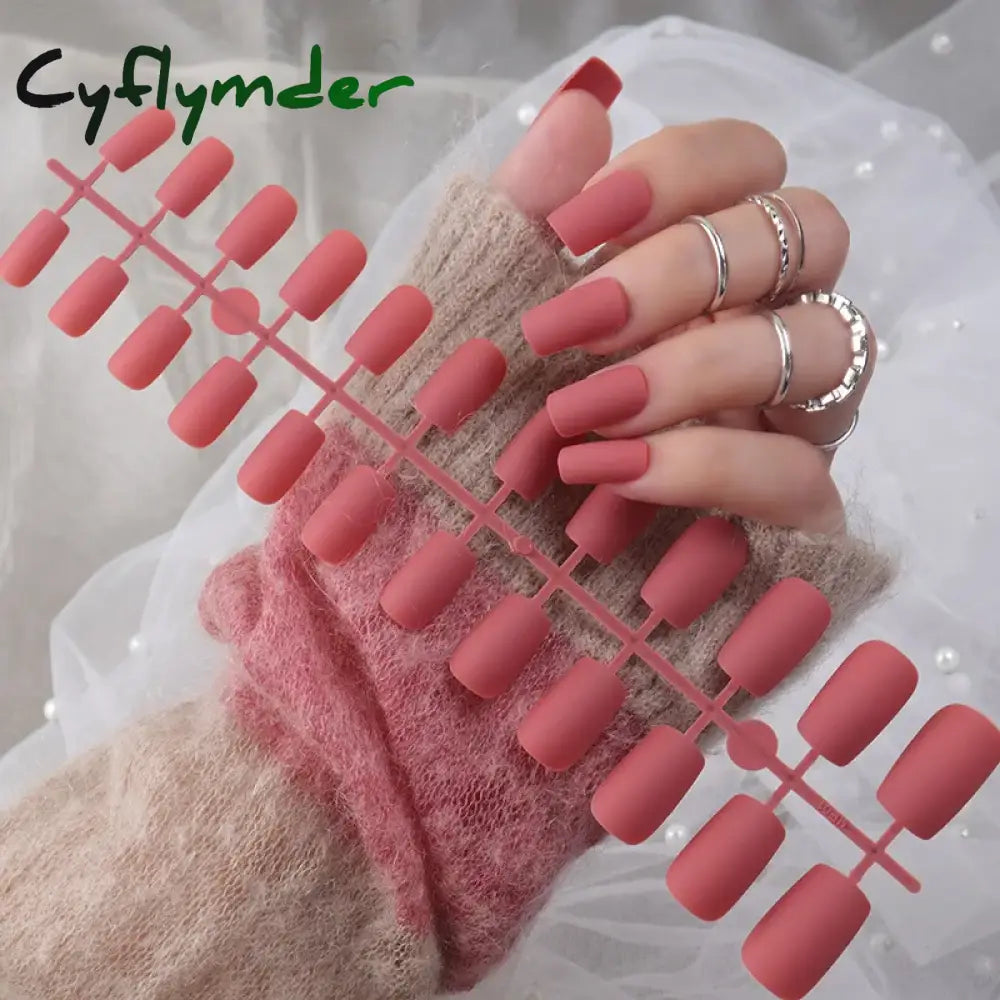 Cyflymder 24Pcs/Set Matte False Nails Glue Square Head Frosted Press On Fake Nail Tips Full Cover Artificial Fingernails Ballet Detachable