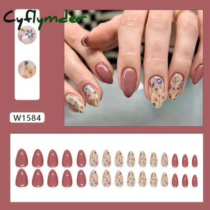 Cyflymder 24pcs/set Short Almond Flowers Reusable Adhesive False Nails Cheap Artificial Presss on Nails with Glue Woman Fake Nail Full Set