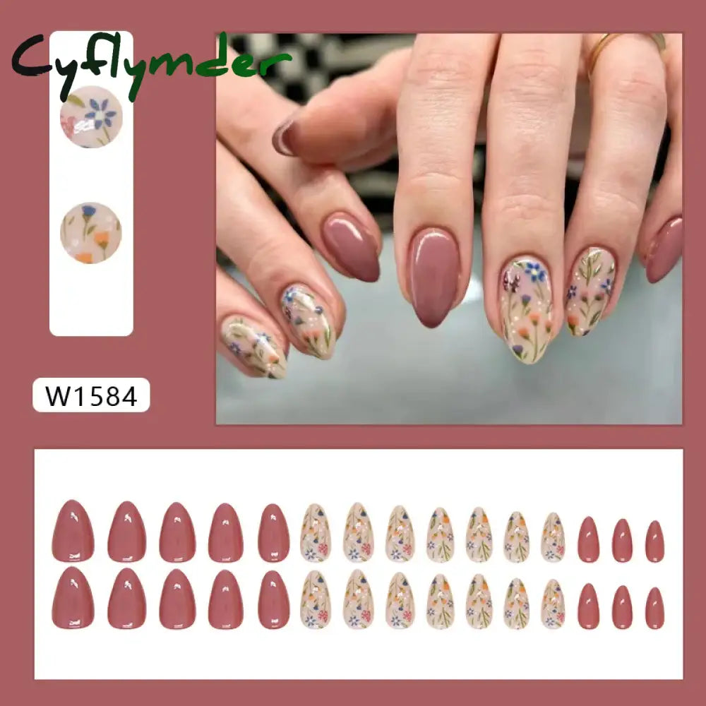 Cyflymder 24pcs/set Short Almond Flowers Reusable Adhesive False Nails Cheap Artificial Presss on Nails with Glue Woman Fake Nail Full Set
