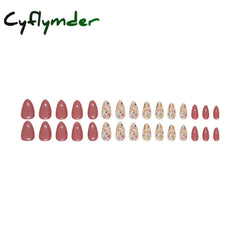 Cyflymder 24pcs/set Short Almond Flowers Reusable Adhesive False Nails Cheap Artificial Presss on Nails with Glue Woman Fake Nail Full Set