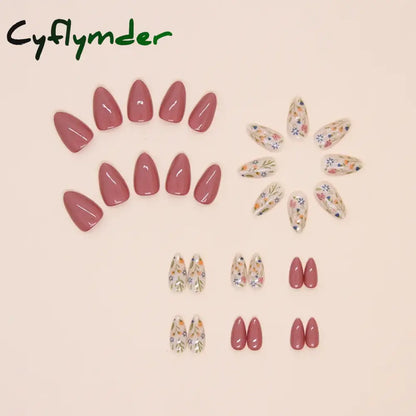 Cyflymder 24pcs/set Short Almond Flowers Reusable Adhesive False Nails Cheap Artificial Presss on Nails with Glue Woman Fake Nail Full Set