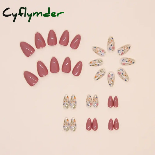 Cyflymder 24pcs/set Short Almond Flowers Reusable Adhesive False Nails Cheap Artificial Presss on Nails with Glue Woman Fake Nail Full Set