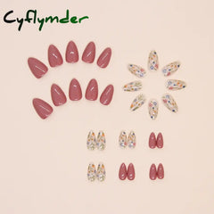 Cyflymder 24pcs/set Short Almond Flowers Reusable Adhesive False Nails Cheap Artificial Presss on Nails with Glue Woman Fake Nail Full Set