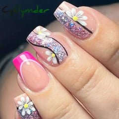 Cyflymder 24pcs/set short saure fake nails for Spring summer season french style flowers butterfly design press on false nail art tips