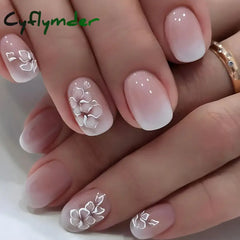 Cyflymder 24pcs/set short saure fake nails for Spring summer season french style flowers butterfly design press on false nail art tips
