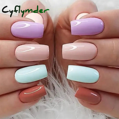 Cyflymder 24pcs/set Short Square Fake Nails for Women Girls Pink Green Blue Yellow Purple Tips Faux Ongles Press on False Nail Supplies