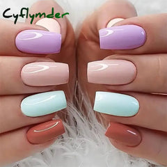 Cyflymder 24pcs/set Short Square Fake Nails for Women Girls Pink Green Blue Yellow Purple Tips Faux Ongles Press on False Nail Supplies