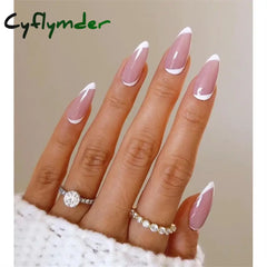 Cyflymder 24Pcs/Set White Long Almond Fake Nails Art Black Heart Oval Artificial Removable Acrylic Press on Nail Hot Sale Stick on Nails
