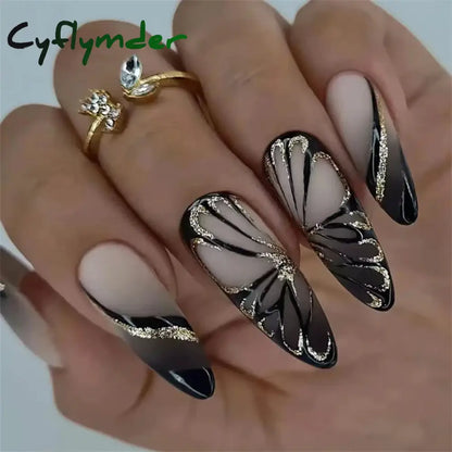 Cyflymder 24Pcs/Set White Long Almond Fake Nails Art Black Heart Oval Artificial Removable Acrylic Press on Nail Hot Sale Stick on Nails