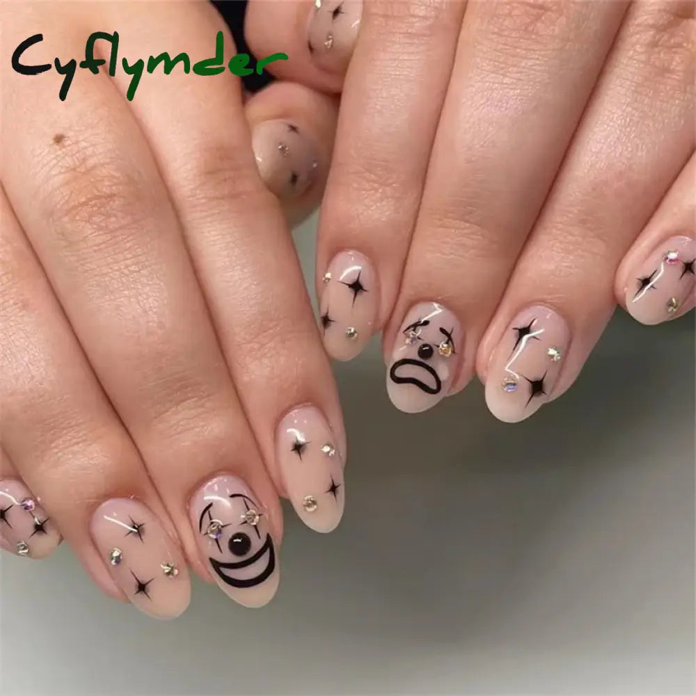 Cyflymder 24Pcs/Set White Long Almond Fake Nails Art Black Heart Oval Artificial Removable Acrylic Press on Nail Hot Sale Stick on Nails