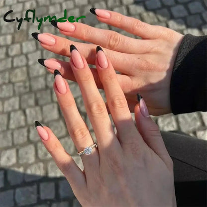 Cyflymder 24Pcs/Set White Long Almond Fake Nails Art Black Heart Oval Artificial Removable Acrylic Press on Nail Hot Sale Stick on Nails
