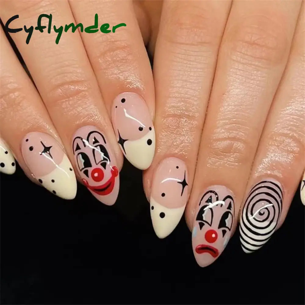 Cyflymder 24Pcs/Set White Long Almond Fake Nails Art Black Heart Oval Artificial Removable Acrylic Press on Nail Hot Sale Stick on Nails