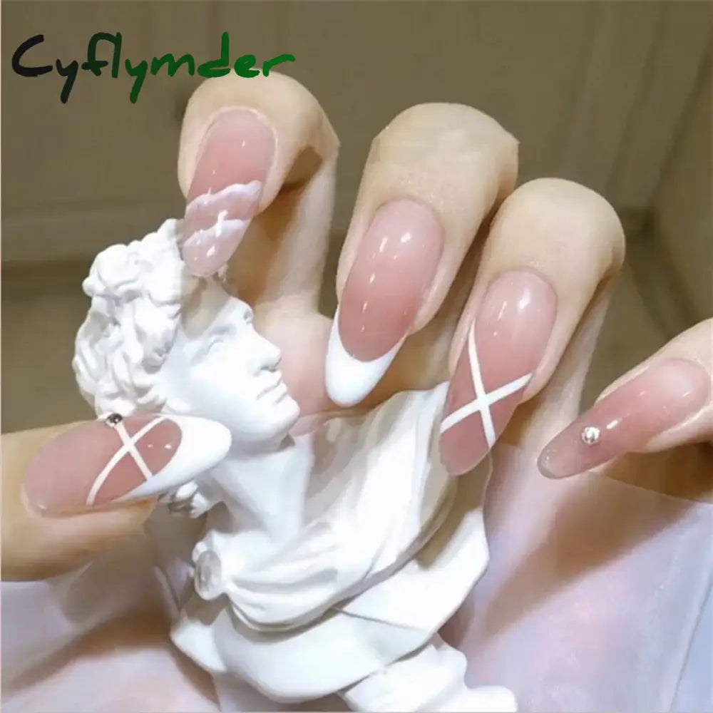Cyflymder 24Pcs/Set White Long Almond Fake Nails Art Black Heart Oval Artificial Removable Acrylic Press on Nail Hot Sale Stick on Nails