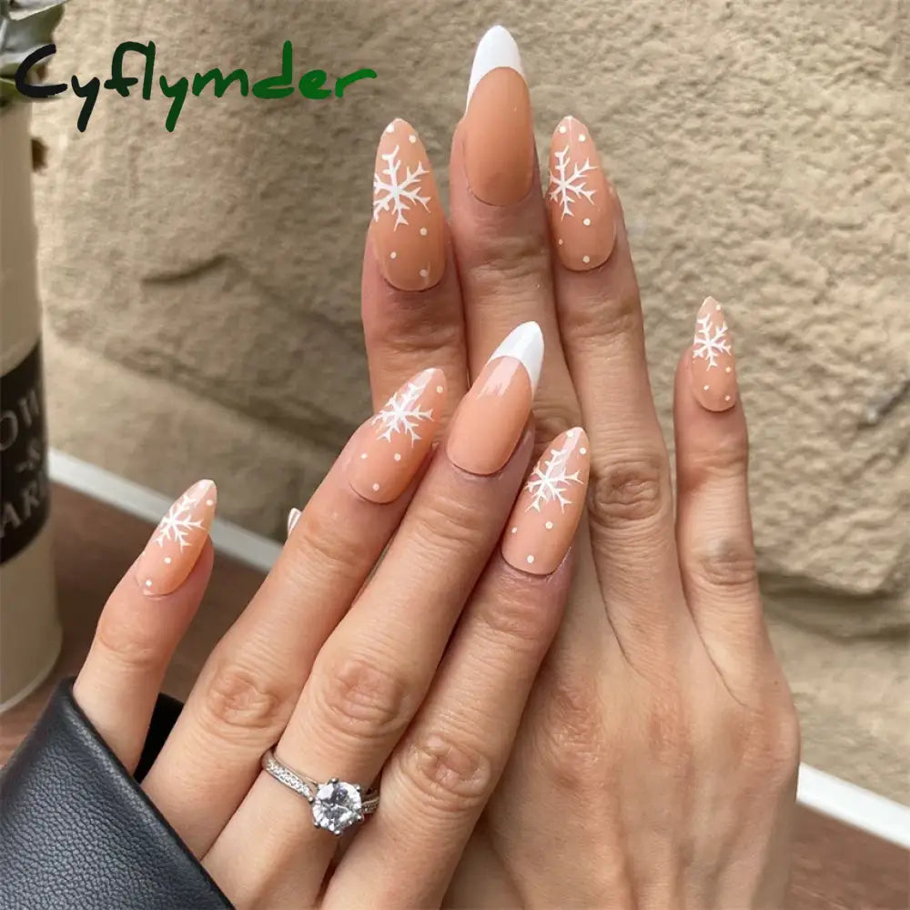 Cyflymder 24Pcs/Set White Long Almond Fake Nails Art Black Heart Oval Artificial Removable Acrylic Press on Nail Hot Sale Stick on Nails