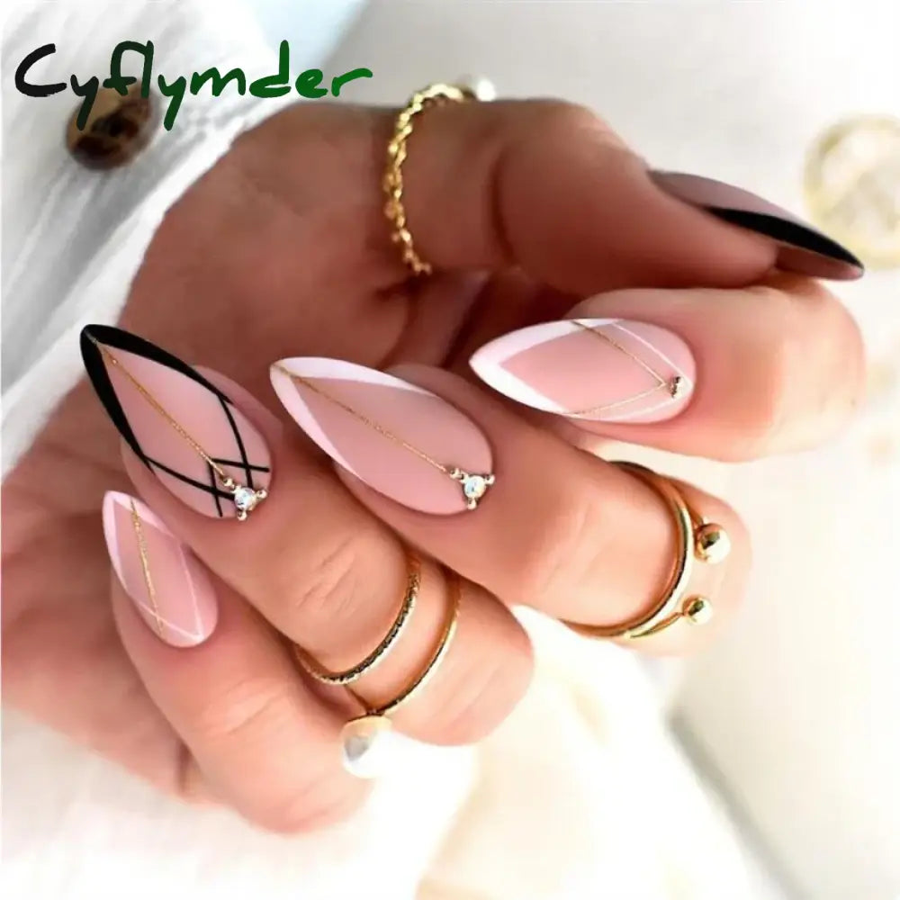 Cyflymder 24Pcs/Set White Long Almond Fake Nails Art Black Heart Oval Artificial Removable Acrylic Press on Nail Hot Sale Stick on Nails