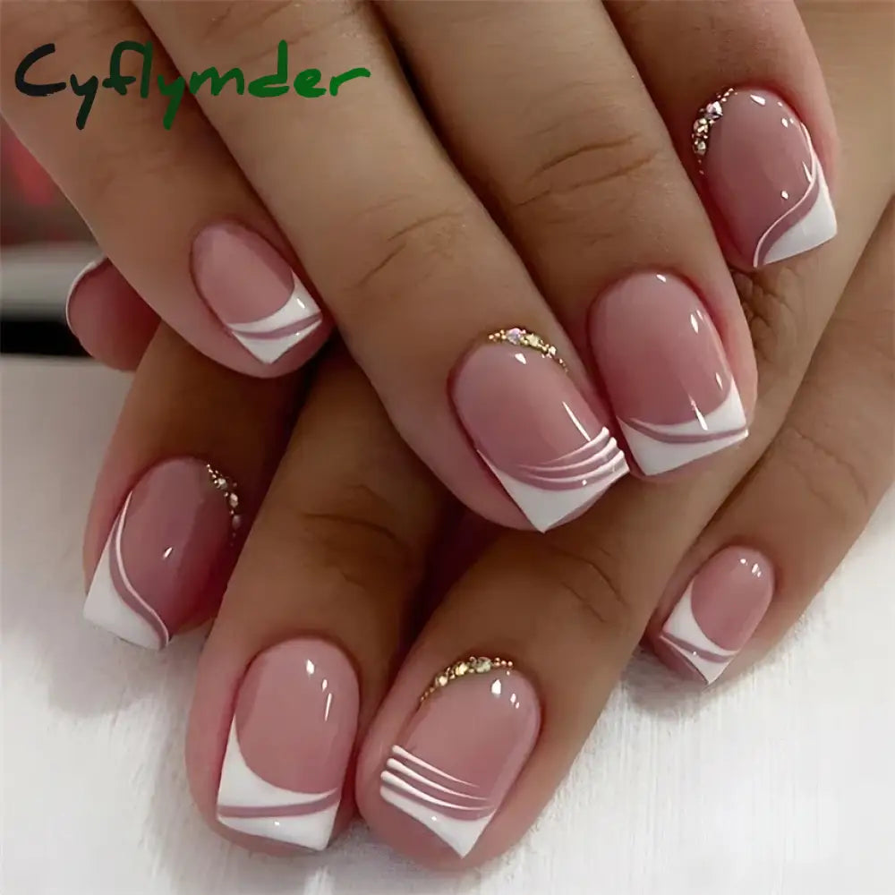 Cyflymder 24Pcs/Set White Long Almond Fake Nails Art Black Heart Oval Artificial Removable Acrylic Press on Nail Hot Sale Stick on Nails