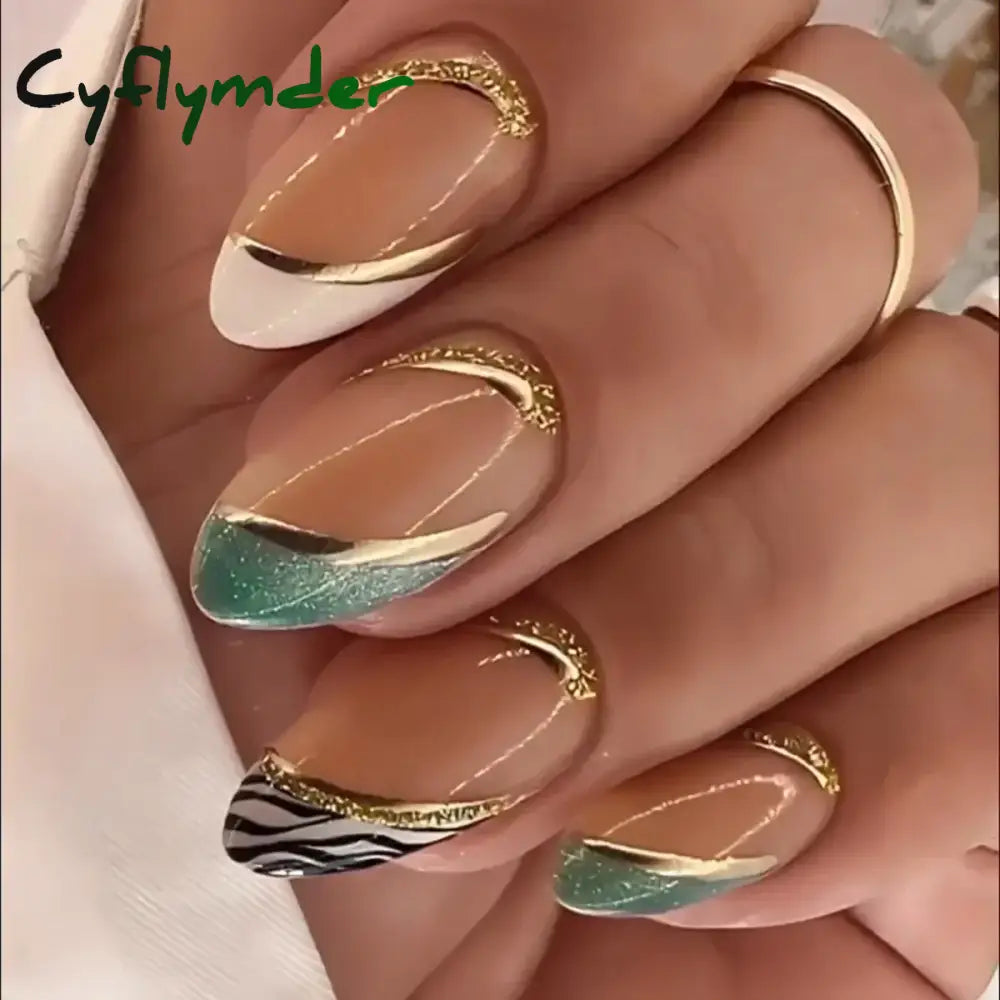 Cyflymder 24Pcs/Set White Long Almond Fake Nails Art Black Heart Oval Artificial Removable Acrylic Press on Nail Hot Sale Stick on Nails