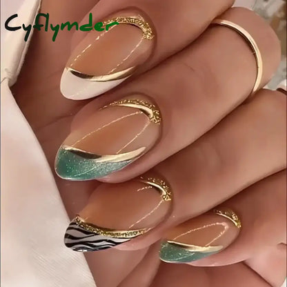 Cyflymder 24Pcs/Set White Long Almond Fake Nails Art Black Heart Oval Artificial Removable Acrylic Press on Nail Hot Sale Stick on Nails
