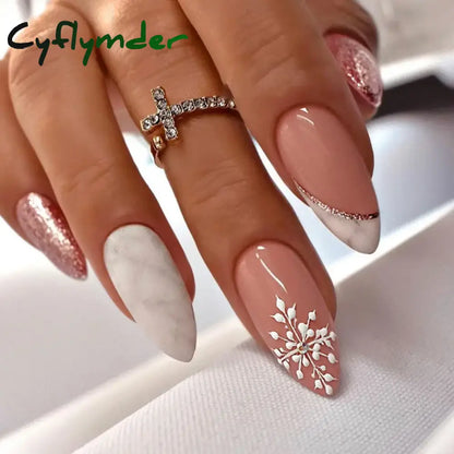 Cyflymder 24Pcs/Set White Long Almond Fake Nails Art Black Heart Oval Artificial Removable Acrylic Press on Nail Hot Sale Stick on Nails