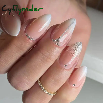 Cyflymder 24Pcs/Set White Long Almond Fake Nails Art Black Heart Oval Artificial Removable Acrylic Press on Nail Hot Sale Stick on Nails