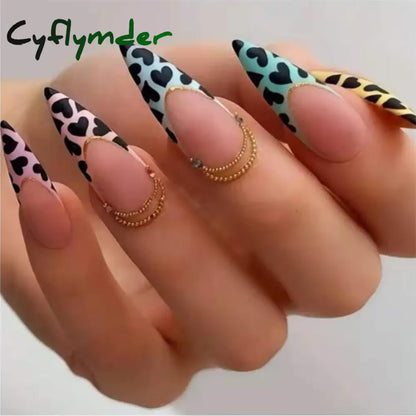 Cyflymder 24Pcs/Set White Long Almond Fake Nails Art Black Heart Oval Artificial Removable Acrylic Press on Nail Hot Sale Stick on Nails