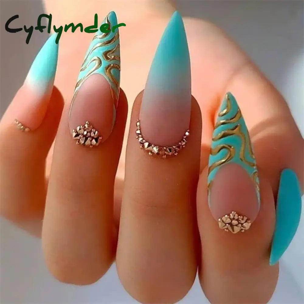 Cyflymder 24Pcs/Set White Long Almond Fake Nails Art Black Heart Oval Artificial Removable Acrylic Press on Nail Hot Sale Stick on Nails