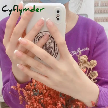Cyflymder 24Pcs/Set White Long Almond Fake Nails Art Black Heart Oval Artificial Removable Acrylic Press on Nail Hot Sale Stick on Nails