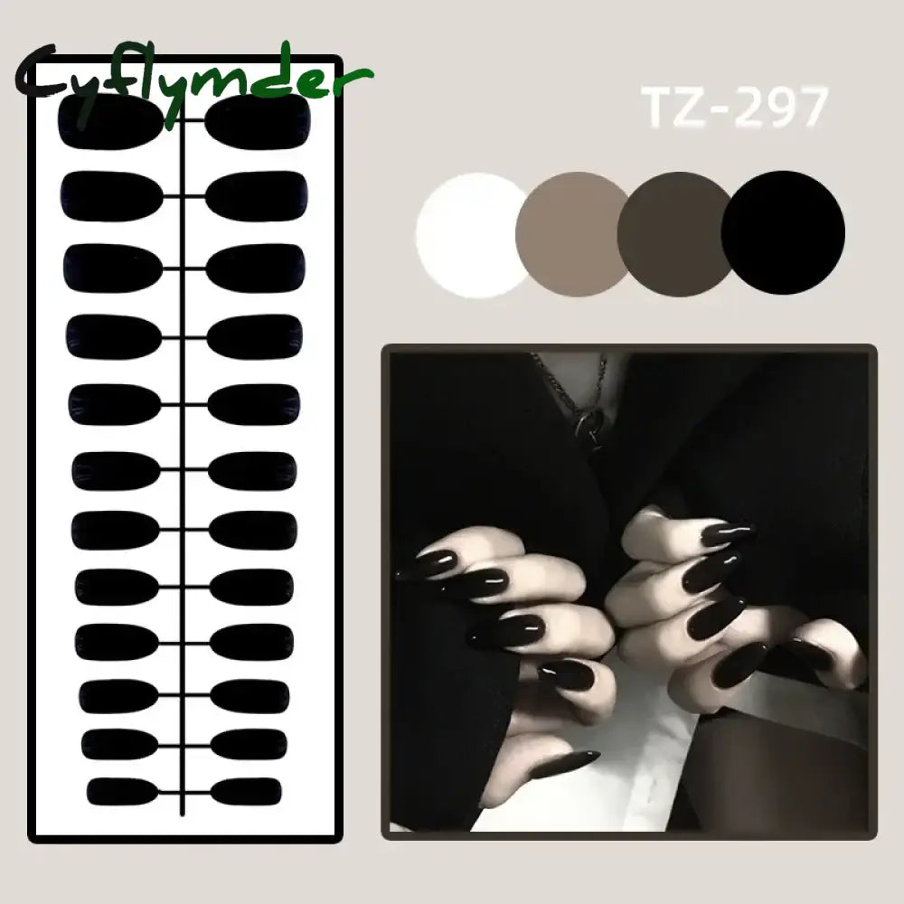 Cyflymder 24Pcs/Set White Long Almond Fake Nails Art Black Heart Oval Artificial Removable Acrylic Press on Nail Hot Sale Stick on Nails