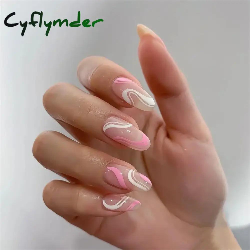 Cyflymder 24Pcs/Set White Long Almond Fake Nails Art Black Heart Oval Artificial Removable Acrylic Press on Nail Hot Sale Stick on Nails