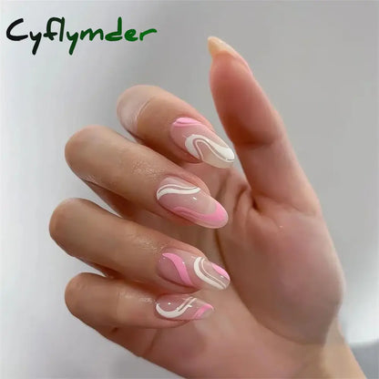 Cyflymder 24Pcs/Set White Long Almond Fake Nails Art Black Heart Oval Artificial Removable Acrylic Press on Nail Hot Sale Stick on Nails