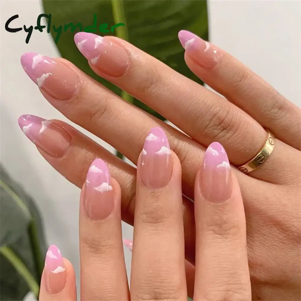 Cyflymder 24Pcs/Set White Long Almond Fake Nails Art Black Heart Oval Artificial Removable Acrylic Press on Nail Hot Sale Stick on Nails